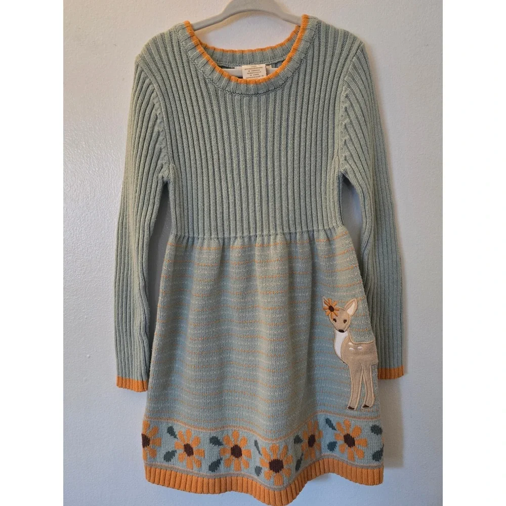 Cynthia Rowley Kids Blue Knit Fawn Deer Sunflower Sweater Dress Size S 5/6